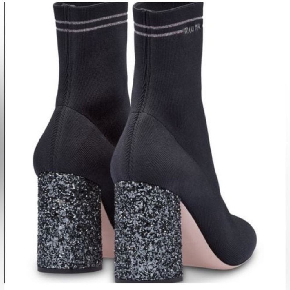 Miu Miu Black Stretch Knit Ankle Boots Silver Glitter Heel 35 US 5 - Picture 2 of 12